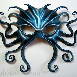 Large Cthulhu leather mask, hand-painted in black, turquoise, and silver, Halloween image 1