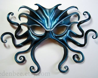 Large Cthulhu leather mask, hand-painted in black, turquoise, and silver, Halloween