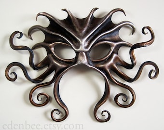 Large Cthulhu leather mask, hand-painted in black, bronze, and silver, Halloween