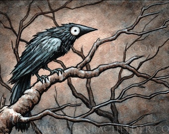 Signed and matted print of original Black Bird VI watercolour painting by Eden Bachelder, ready to frame. Raven, crow, corvid