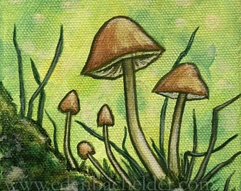 Mini pintura Mushroom Forest 2, acrílico sobre lienzo, 4" x 4"