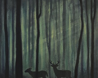 Moving Shadows, original forest and deer painting on canvas, by Eden Bachelder, 8" x 10"