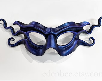 Imp leather eye mask, black with translucent blue / violet highlights, handmade