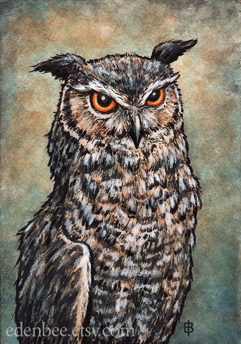 Owl Portrait, signed and matted print of original watercolour painting by Eden Bachelder, ready to frame. image 1