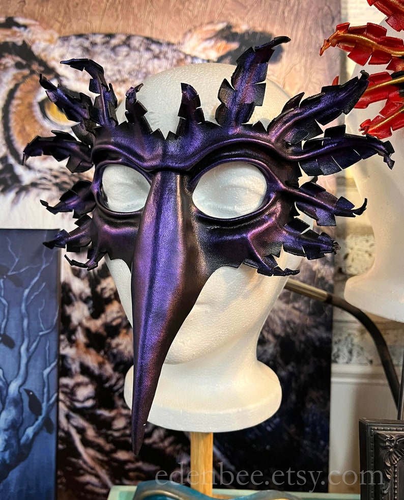 Raven mask, hand-molded leather, hand-painted in black with translucent purple, corvid, crow, bird, Halloween image 3