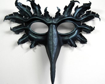 Raven mask, hand-molded leather, hand-painted in black and pewter, corvid, crow, bird, Halloween