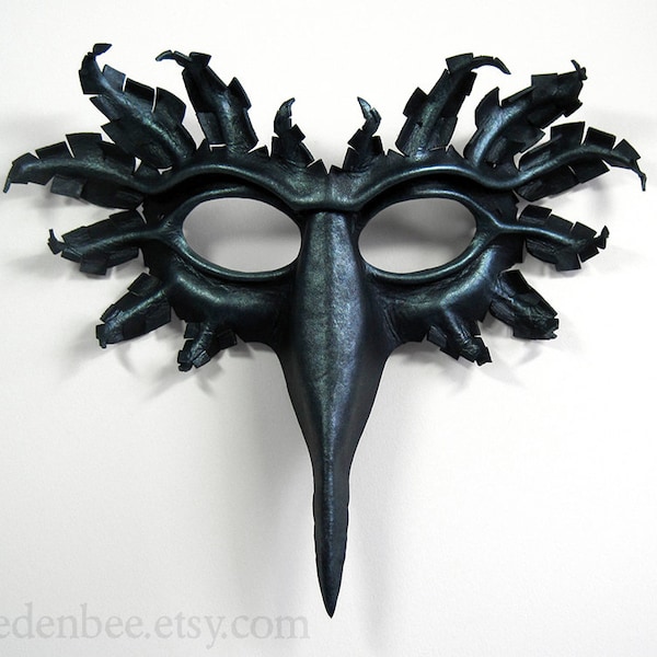 Raven mask, hand-molded leather, hand-painted in black and pewter, corvid, crow, bird, Halloween