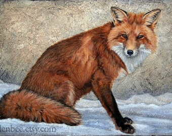 Fox in Snow, signed and matted print from an original painting by Eden Bachelder, Matted to 11" x 14", Image 7" x 10", red fox