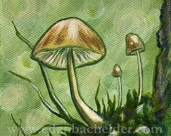 Mushroom Forest 1 mini painting, acrylic on canvas, 4" x 4"