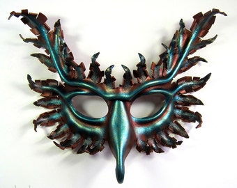 Griffin leather mask, hand-painted in antique copper and oxidized metallic blue-green, gryphon