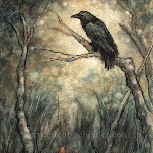 May include: A watercolour painting shows a black crow on a tree branch in a forest. The artwork uses a muted palette of greens, browns, and beige, with visible brushstrokes. The scene includes trees, grass, and mushrooms, creating a natural, woodland theme.