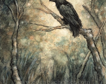 A Shady Patch. Signed and matted print of original watercolour painting by Eden Bachelder, ready to frame. Raven, crow, corvid, mushroom