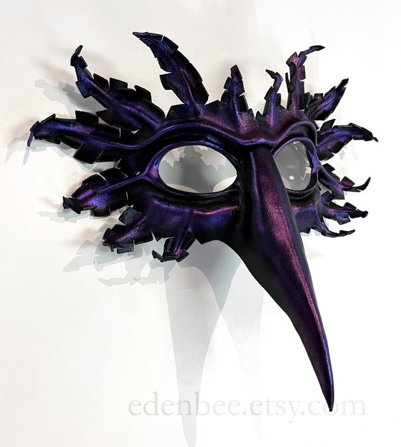 Raven mask, hand-molded leather, hand-painted in black with translucent purple, corvid, crow, bird, Halloween image 2