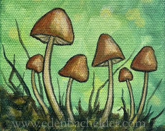 Mini pintura Mushroom Forest 3, acrílico sobre lienzo, 4" x 4"