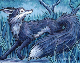 Signed and matted print of original Little Blue Fox watercolour painting by Eden Bachelder, ready to frame