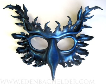 Griffin leather mask, hand-painted in midnight and metallic royal blue, gryphon, Halloween