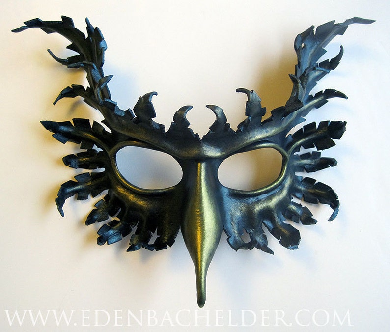 gryphon Halloween hand-painted in metallic blue-green and green-gold Griffin leather mask