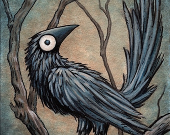 Signed and matted print of original Black Bird watercolour painting by Eden Bachelder, 5" x 7" image in 8" x 10" mat