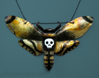 Death's head moth pendant statement necklace, hand painted leather with oxidized imitation gold leaf