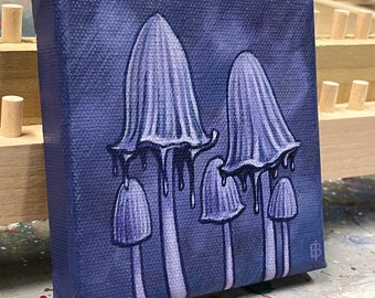 Inky Cap Mushrooms 2 mini pintura, acrílico sobre lienzo, 4" x 4"