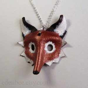 Red fox mask pendant necklace, hand-painted leather image 2