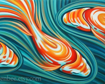 Swirling Koi VII, signed and matted print of original acrylic painting by Eden Bachelder, goldfish, fish