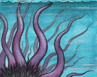 Signed and matted print of original Sea Monster watercolour painting by Eden Bachelder, ready to frame.