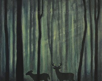 Moving Shadows, signed and deer and forest print from an original painting by Eden Bachelder
