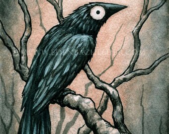 Signed and matted print of original Black Bird II watercolour painting by Eden Bachelder, ready to frame. Raven, crow, corvid