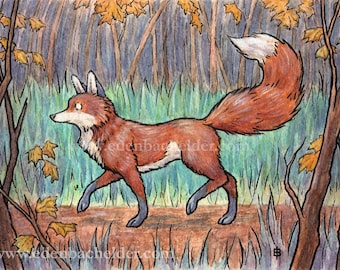 Signed and matted print of original Places to Be watercolour fox painting by Eden Bachelder, ready to frame