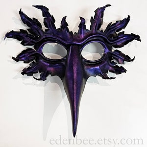 Raven mask, hand-molded leather, hand-painted in black with translucent purple, corvid, crow, bird, Halloween image 1