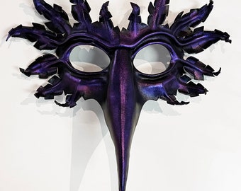 Raven mask, hand-molded leather, hand-painted in black with translucent purple, corvid, crow, bird, Halloween