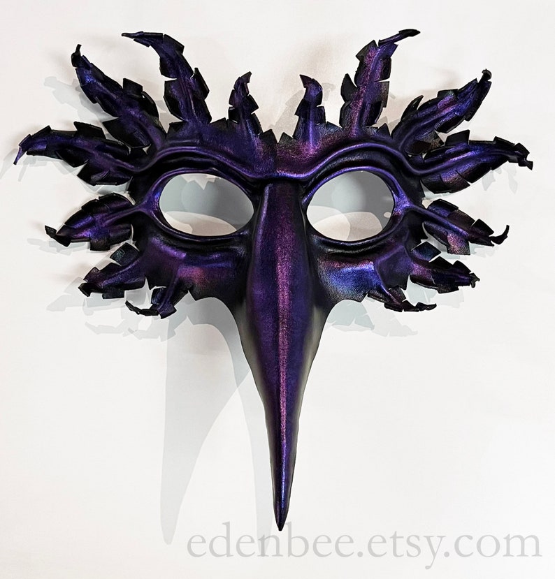 Raven mask, hand-molded leather, hand-painted in black with translucent purple, corvid, crow, bird, Halloween image 1