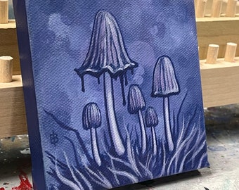 Inky Cap Mushrooms 1 mini pintura, acrílico sobre lienzo, 4" x 4"