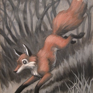 May include: A red fox with a white tip on its tail leaps through a dark, shadowy forest. The fox's fur is a rich, reddish-brown color, and its eyes are bright and alert. The background is a dark, shadowy forest, with tall trees and thick undergrowth.
