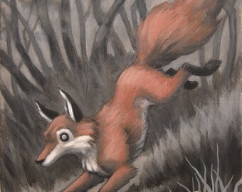 The Quick Red Fox painting, original acrylic and pencil on canvas, by Eden Bachelder, 14" x 11"
