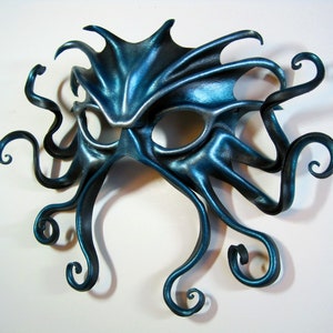 Large Cthulhu leather mask, hand-painted in black, turquoise, and silver, Halloween image 2