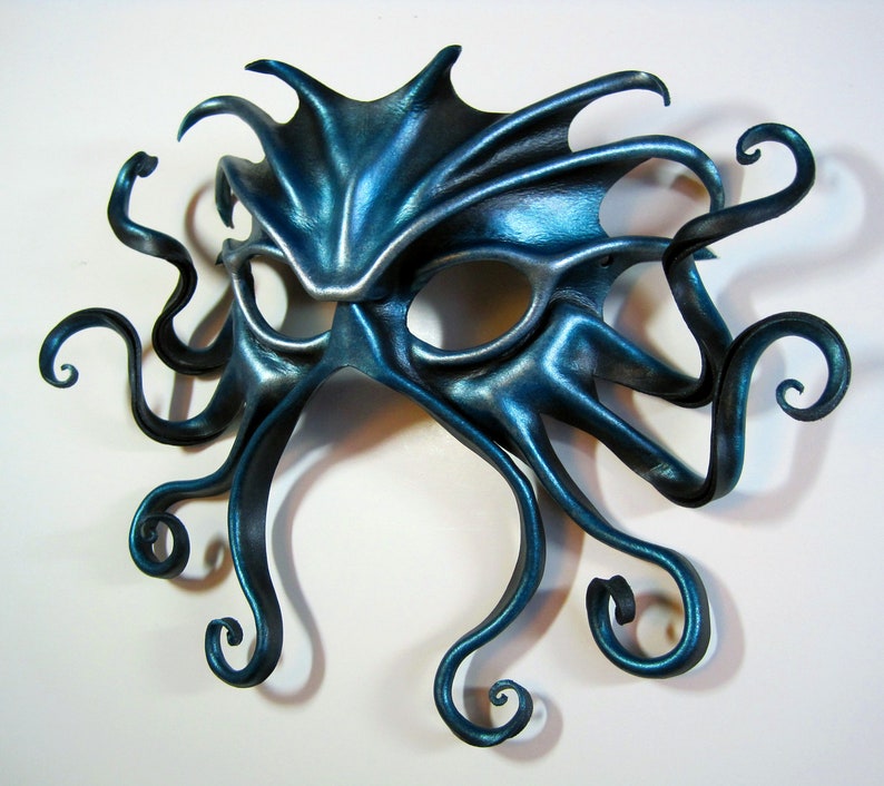 Large Cthulhu leather mask, hand-painted in black, turquoise, and silver, Halloween image 2