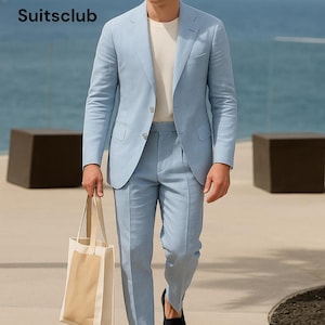 Traje de lino azul frío - Traje de lino azul - Traje de lino para hombre - Traje de lino para boda - Traje de boda azul - Traje de boda azul cielo - Trajes de lino azul