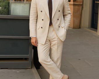 クリームリネンダブルブレストスーツ：軽量サマーウェディングブレザー