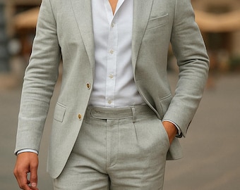 Abito da uomo in lino grigio chiaro, vestibilità slim, stile casual, formale, estivo, da sposo e da sposa