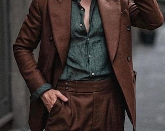 Abito marrone da uomo - Abito marrone in lino - Abito da uomo - Abito da festa - Elegante abito due pezzi - Regalo per marito - Abiti in lino - Abito da sposo
