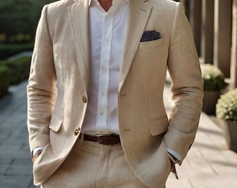 Abito in lino beige - Abiti da sposa da uomo - Giacca da sposa - Regalo per lo sposo - Abbigliamento in lino