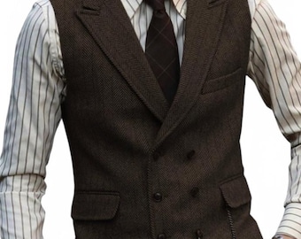 Brown Tweed Waistcoat For Men - Groom Wear Vest - Wedding Vests Or Trouser