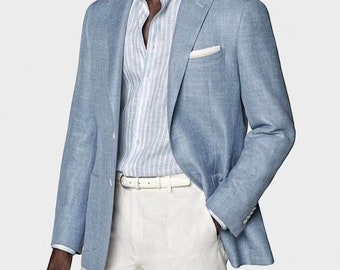 Men's Clothing - Blue Wedding Wear Blazer For Groom - Men Linen Jacket