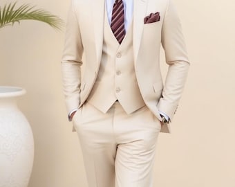 Men's Ivory Linen Suit: Three Piece Wedding Groom Attire