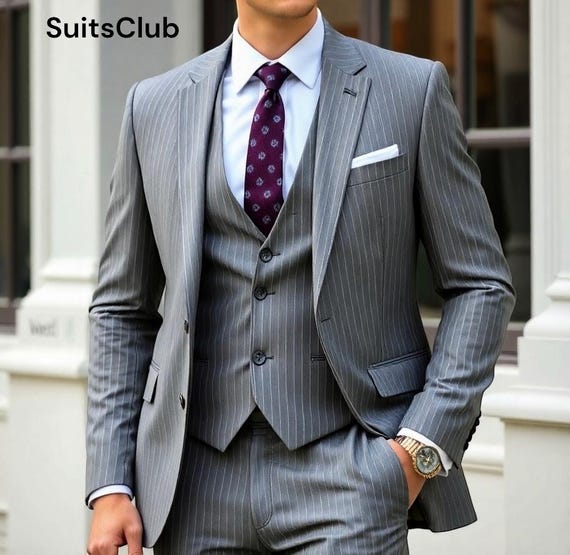 Elegant Classy Gray Pin Stripped Suit For Men - Formal Occasions Dress - Gift For Husband - Party Wear Suit - Slim Fit Three Piece Men Suit
