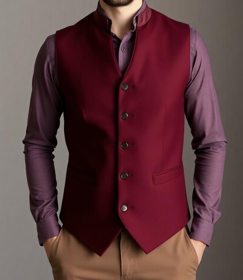 May include: A burgundy vest with a mandarin collar and a five-button closure. The vest is worn over a purple dress shirt. The person is wearing khaki pants and has their hands in their pockets. The vest has a pocket on the left side.