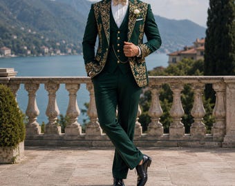 Emerald Green Embroidered Mens Wedding Suit Luxury Groom Tuxedo Royal Three Piece Formal Attire