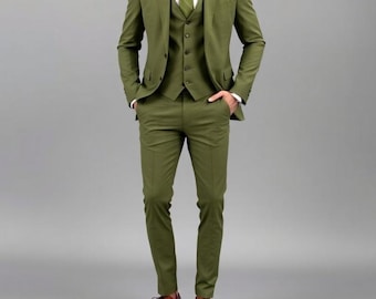 Costume trois pièces vert olive coupe slim mariage fiançailles marié bal tenue de soirée formelle